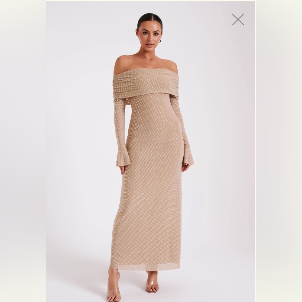 Meshki Off Shoulder Diamante Maxi Dress - Nude